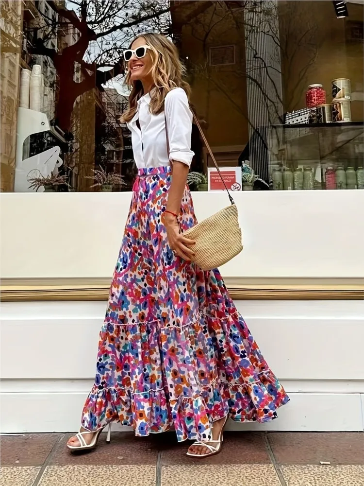 Elegant Women Boho Print Elastic Waist Skirt Spring Summer Femme Patchwork Slim SkirtStreetwear Casual Ankle-Length Long Skirt