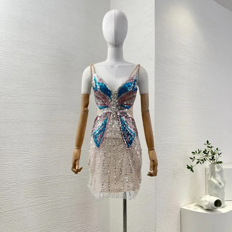 Women's Blue Diamonds Sequins Sweetheart Neck Sexy Mini Dresses for Party New Fashion Style High Qaulity