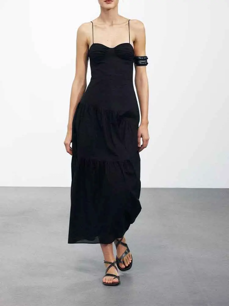 

European style women's clothing new fashion versatile simple temperament solid color corset style long dress