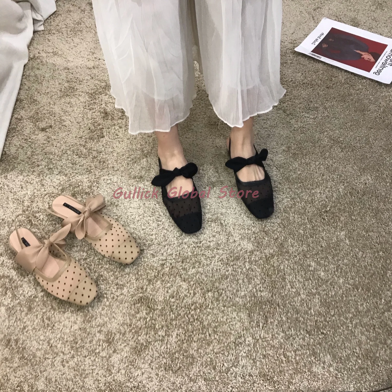 

2024 New Arrival Genuine Leather Square Toe Shallow Butterfly Knot Slingback Sandals Wrapped Toe Summer Dress Career Breathable