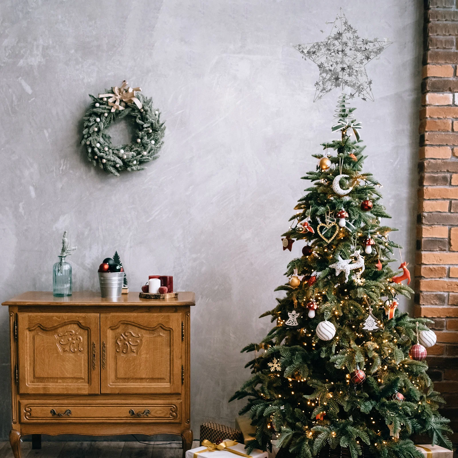 قطعة واحدة من زينة نجمة عيد الميلاد المضيئة، ديكور أنيق على شكل شجرة لاستخدام الحفلات الاحتفالية لشجرة عيد الميلاد