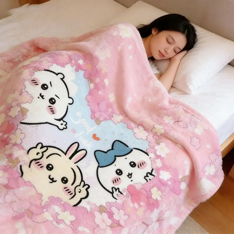 Chiikawa Flannel Throw Blanket Thin Cute Cartoon Air Conditioning Blanket, Soft Lightweight Nap Blanket for Dorm Bedroom Office