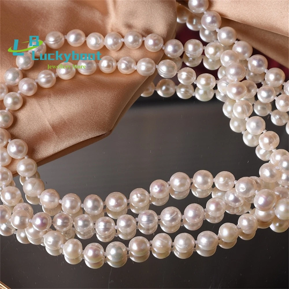 Natural Freshwater Real Pearl Sweater Chain Necklace Long Multi-layer 8mm Near-circle Thread Glare Jewelry