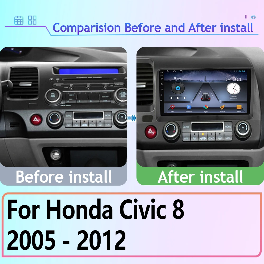 Android Auto For Honda Civic 8 2005 - 2012 Car Radio Multimedia Video Player GPS Navigation 5G Wifi BT HDR QLED Screen No 2din