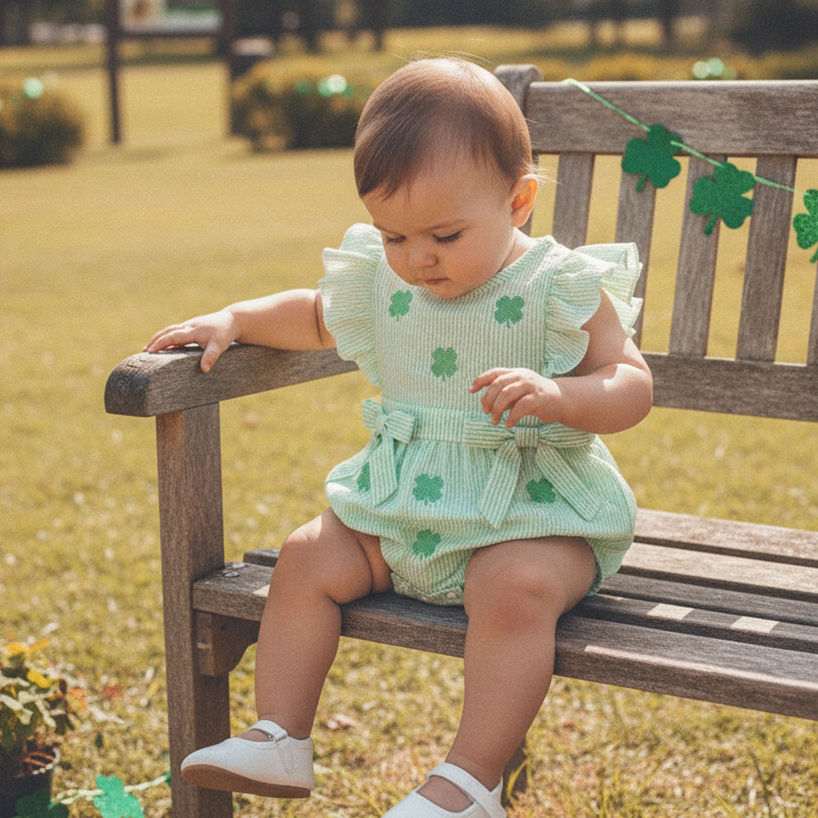 Baby Girl Irish Day Romper Short Sleeve O Neck Clover Embroidery Striped Rompers