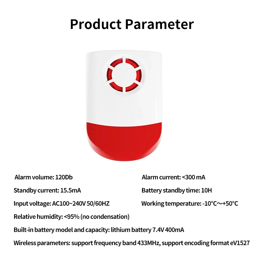 Tahlitech 433 Mhz Sirena wireless per interni/esterni Allarme stroboscopico flash impermeabile 120 dB Alto decibel per sistema di allarme di sicurezza intelligente