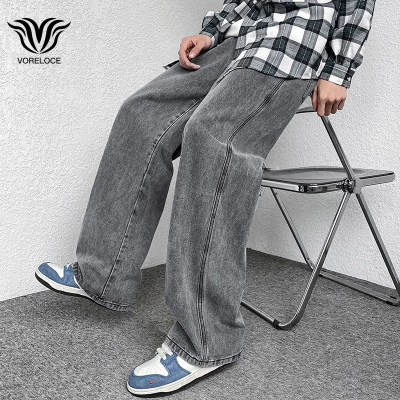 Men's Baggy Jeans Fashion Straight Leg Wide Leg Casual Trousers Street Loose Four Seasons Denim Pants Grey Blue Black 3XL