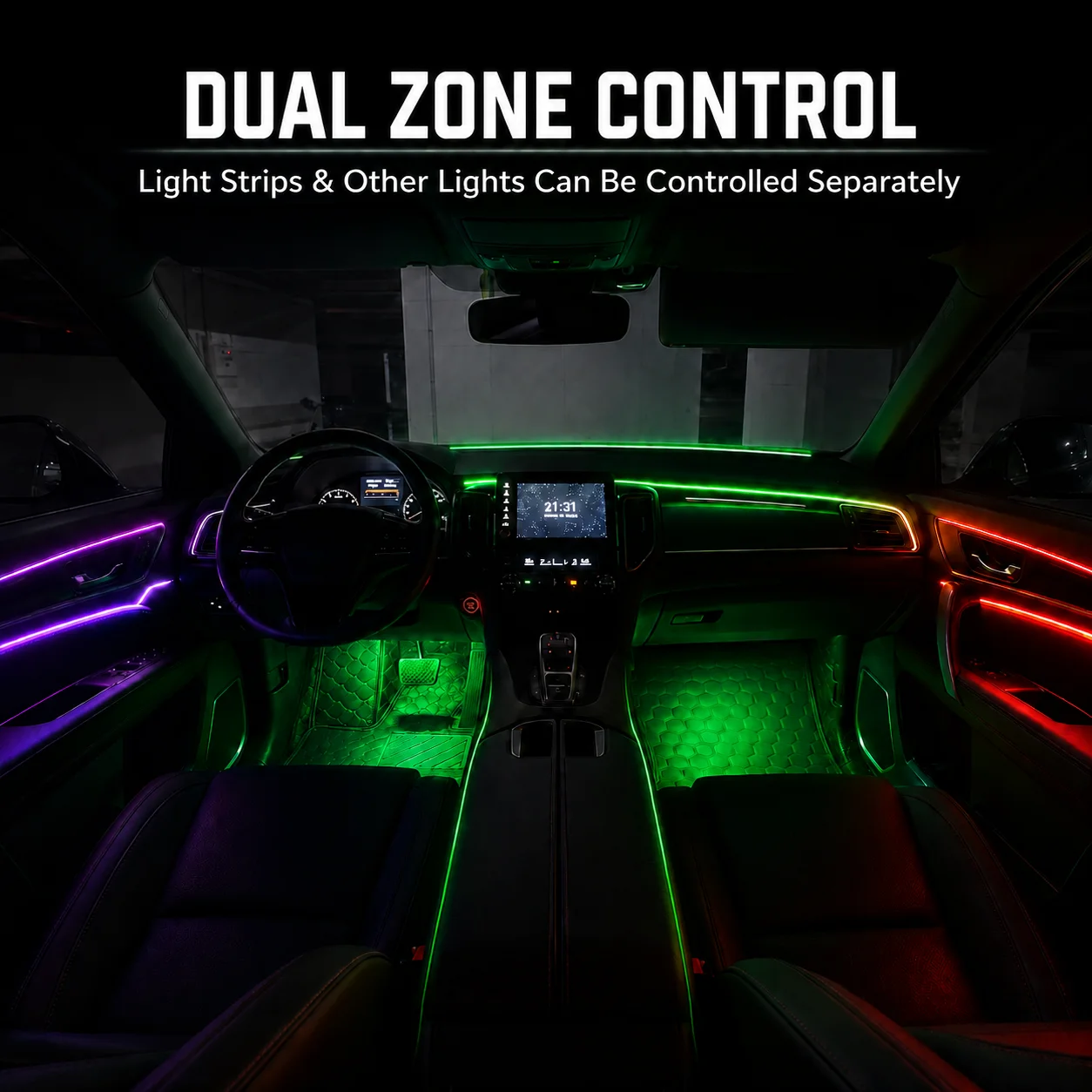 Trontech 22-in-1 Dual Zone Car Ambient Light Kit Chaser RGB LED Acrylic Strip APP Control 16 Million Colors Universal CE ROHS
