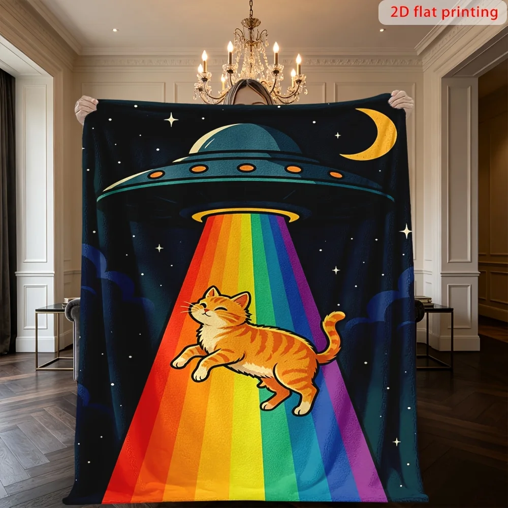 Cute Rainbow Cat UFO Blanket Throw for Sofa Home Decor Cozy Chunky Plush Oversize Fuzzy Bed Blanket 150x200cm