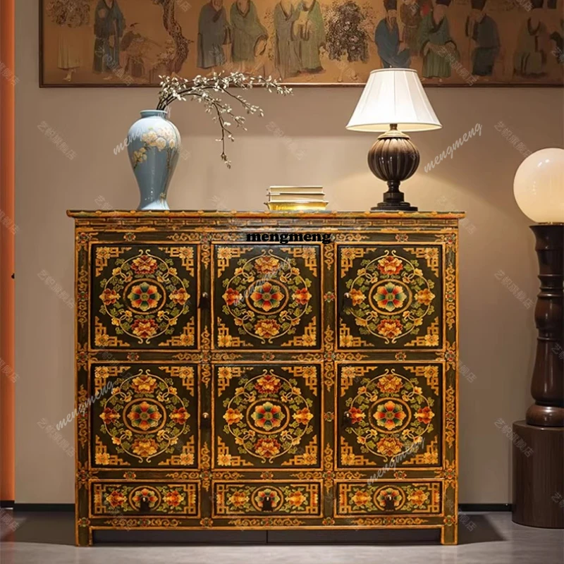 

Новый китайский шкаф для прихожей из массива дерева, окрашенный в тибетском стиле, ретро-декоративный боковой шкаф для хранения, декоративный шкаф для гостиной.