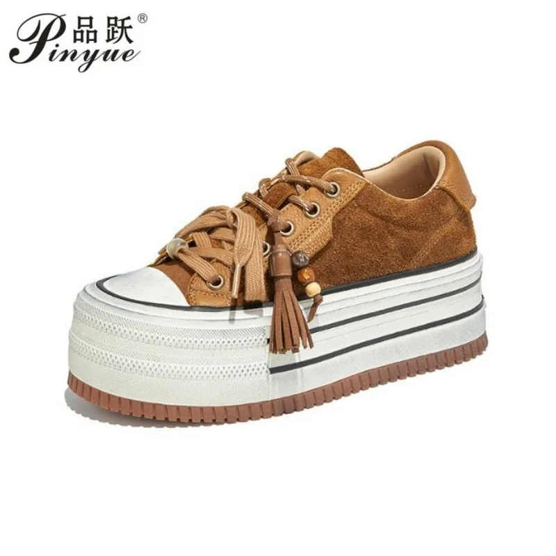 

Genuine Leather Lacing Chunky Sneakers Women Comfortable Height Increasing Casual Flats Fashion College Style Skateboard Shoes