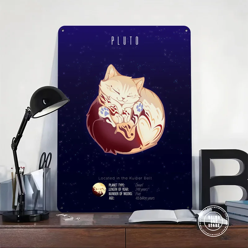 Pluto Cat Planet Personalized 3D Textured Metal Poster Wall Art Vintage Tin Signs for Home Decorations Living Room Wand Deko