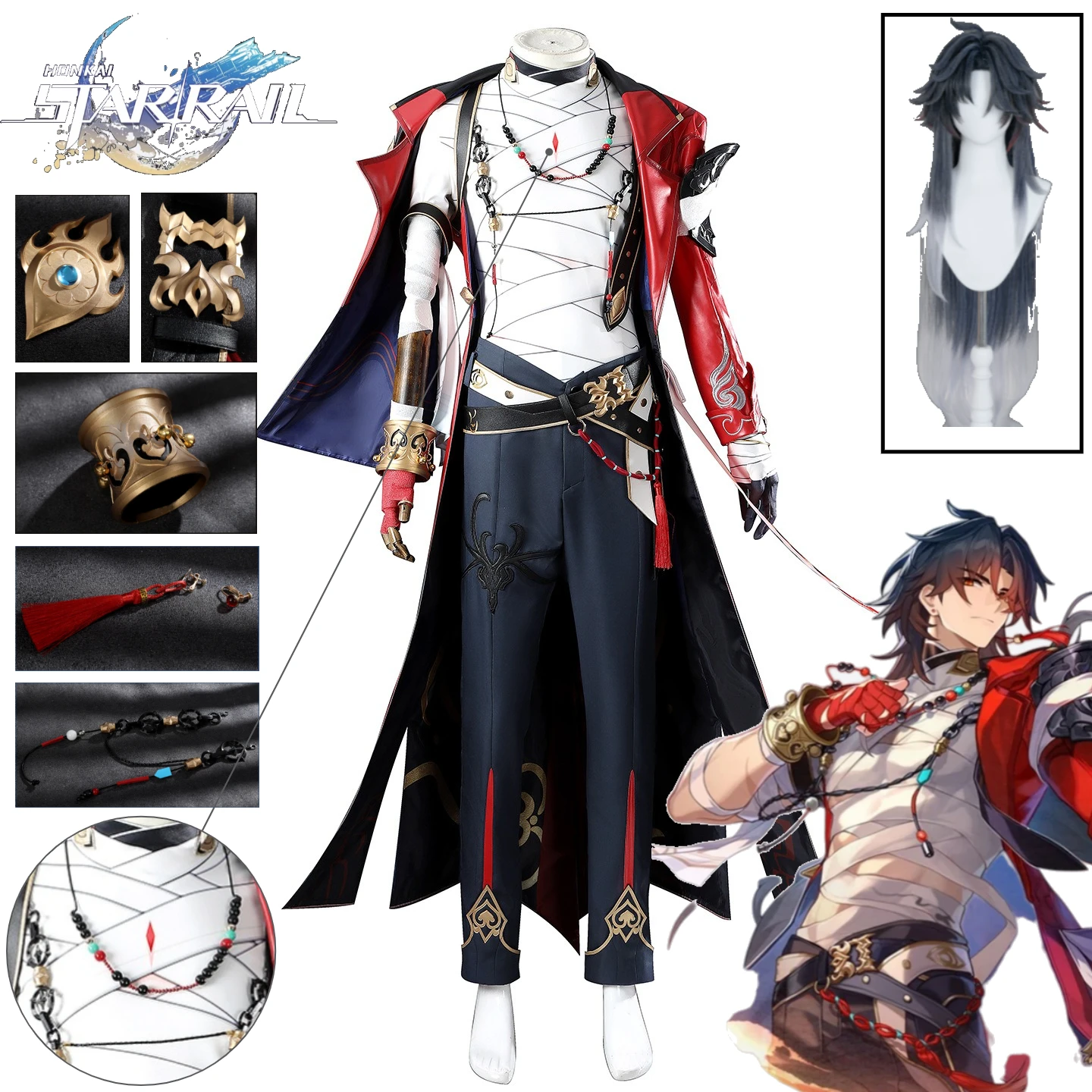

Honkai: Star Rail Blade Mortenax Thousand Smelts Cosplay Full Set Fire of Paradise Long Trench Coat Battle Outfit Wig for Men