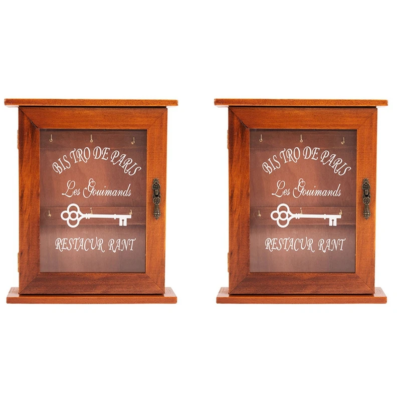 

2X Vintage European Style Wooden Key Storage Cabinet Key Holder Box With Hanging Hooks Brown