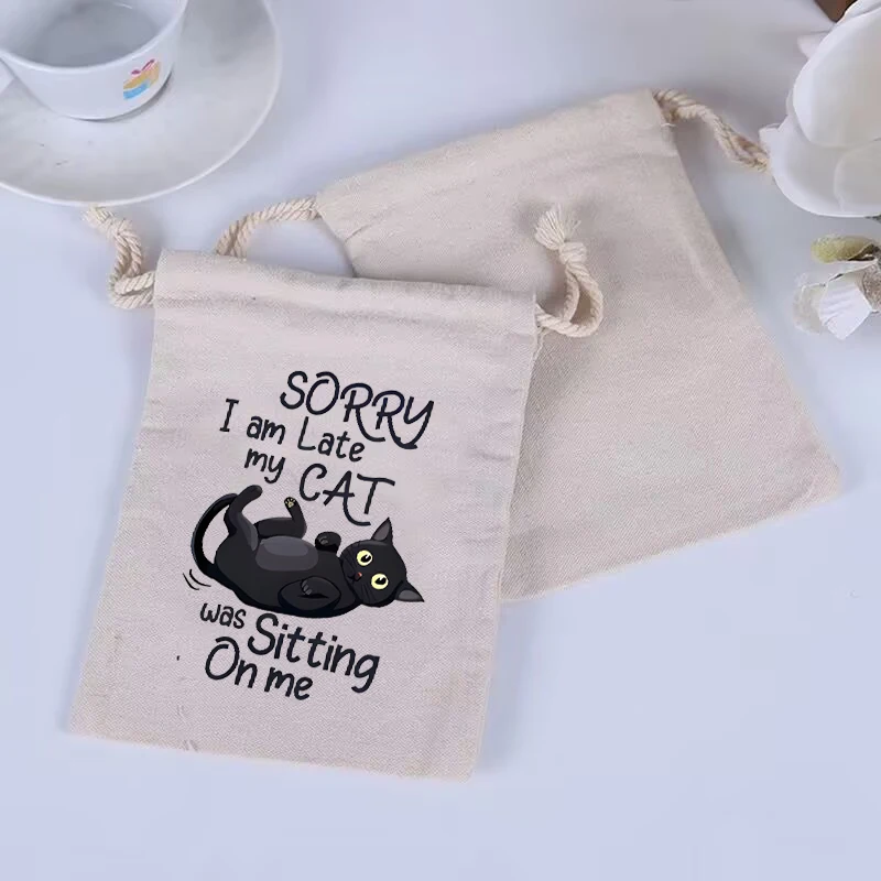 10pcs/Black Recording Cat Drawstring Bag Designed for easy carrying of small travel items made of cotton bags