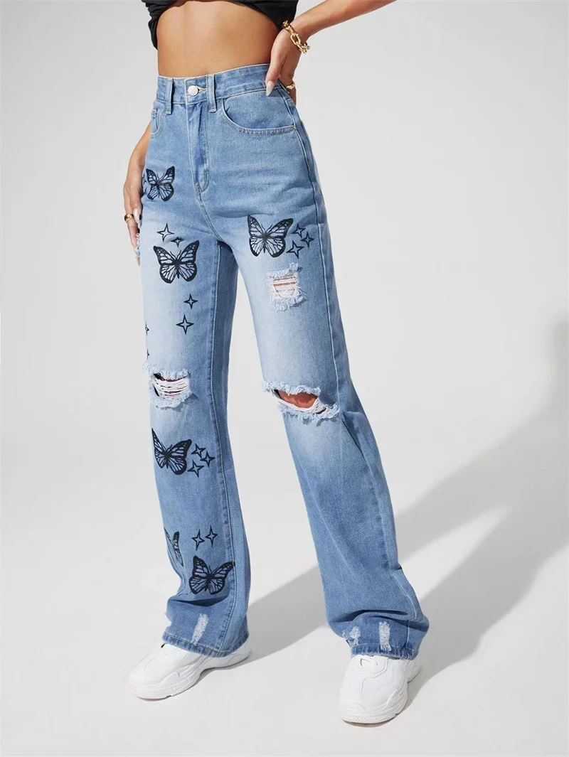 New Butterfly Print Straight Jeans Women Summer Casual High Waist Denim Trousers Trend Female Knee Hollow Out Broken Holes Pants