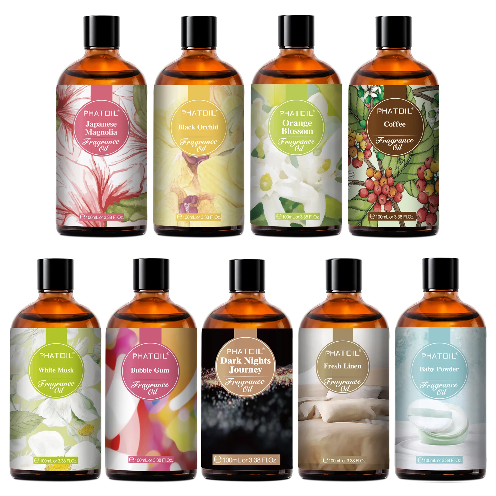 PHATOIL 100 ml (3,38 Fl Oz) Duftöl für Aromatherapie-Diffusor – Weißer Moschus, Kaugummi, Babypuder, Kaffee-Aroma, Duftöle