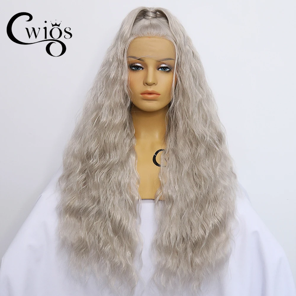 Seaweed wave silver-gray synthetic 13x4 lace front wig long wavy heat-resistant natural hair line, suitable for the role play of