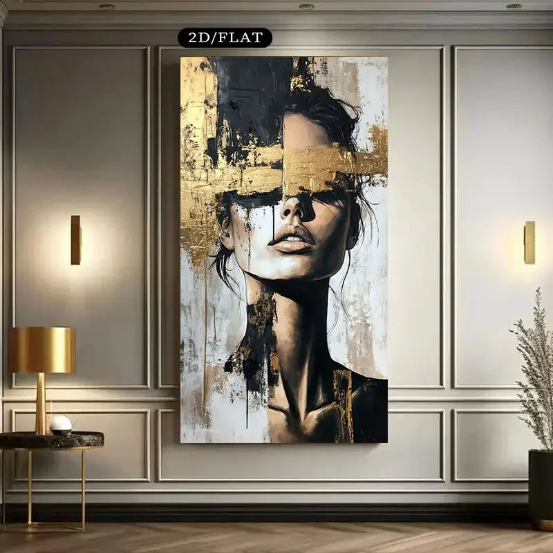 1pc2D Flat Frameless Canvas Extra Large Modern Abstract Female Face Canvas Art- Black and White Golden Frameless Wall Sticker fo - view 4