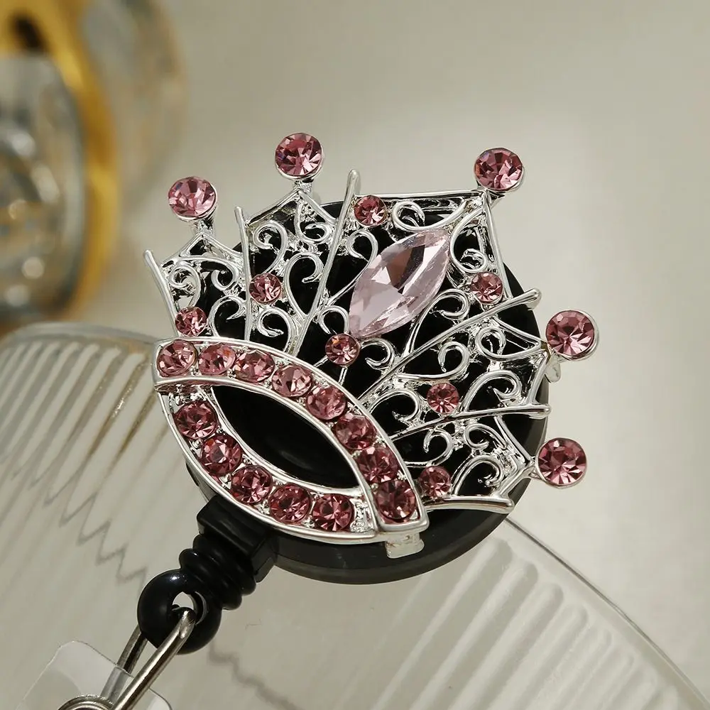 Fashion Rhinestone Crown Badge Reel Rotation Diamond ID Card Holder Easy-pull Bling Retractable Badge Holder Students Doctor