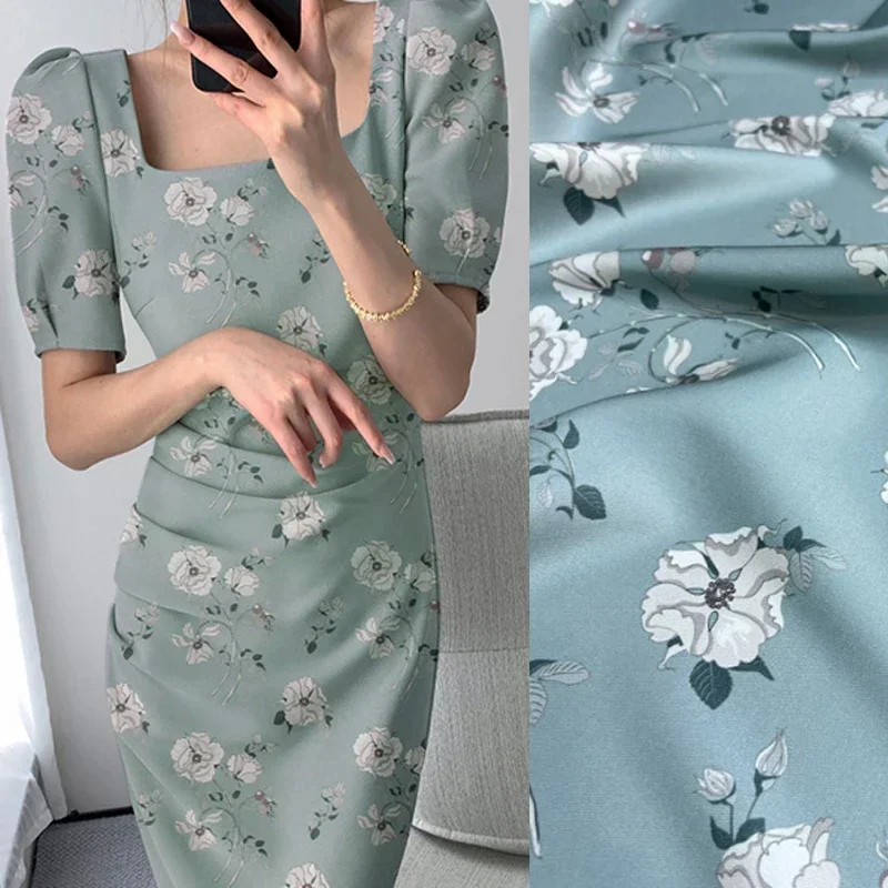 120CM Wide 20MM Stretch Print Blue Twill Silk Fabric for DIY Sewing Summer Spring Plants Blouse Dress Cheongsam1Meter D1166