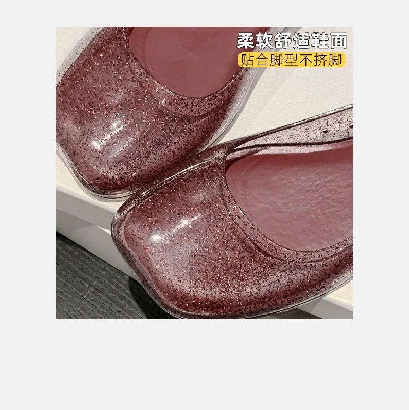 New Transparent Glitter Square Toe Flats Woman Slip On Translucent Jelly Shoes Casual PVC  Clear Flats Summer Lazy Shoes Women