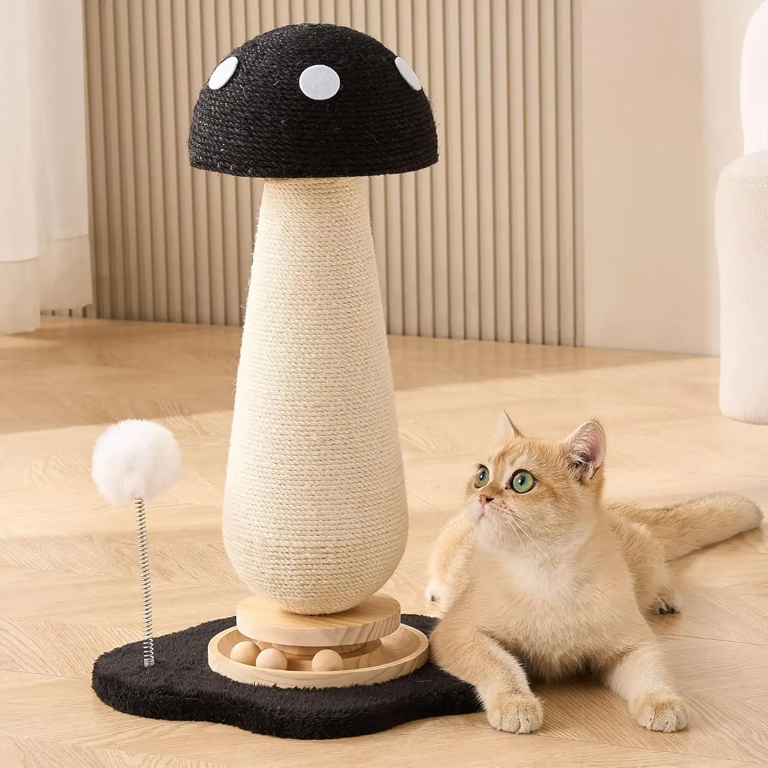 

Mushroom Cat Scratching Post Cat Tree, 21.5‘’ H Cute Cat Scratcher Tower with Durable Solid Wood Turntable Toy, Solid