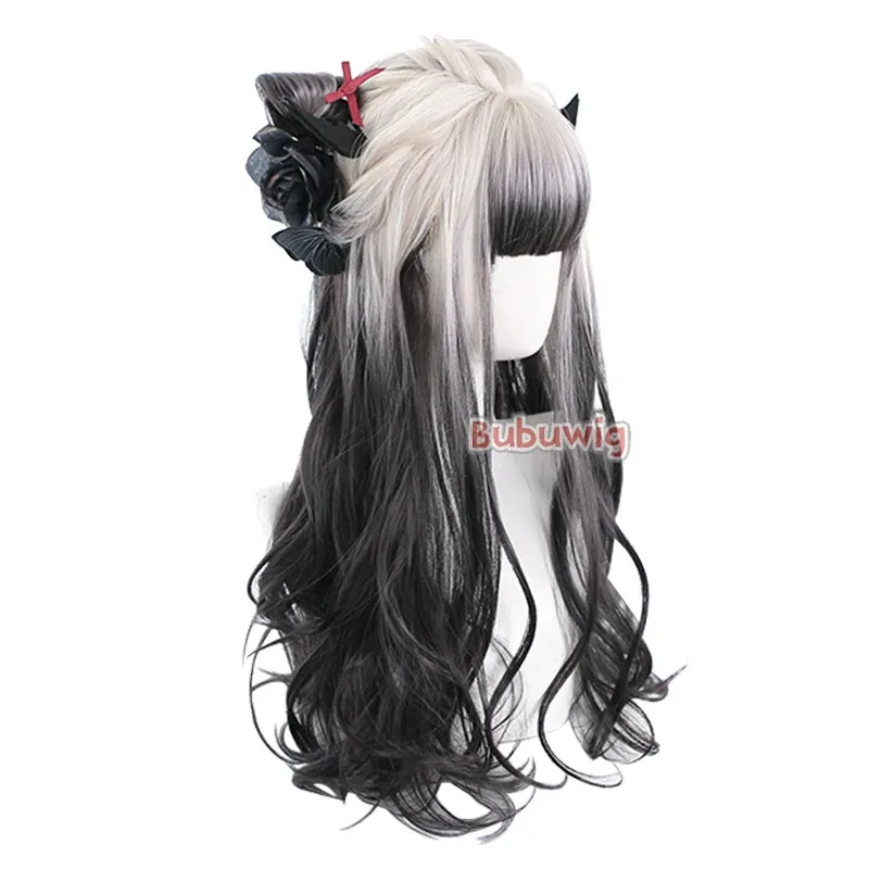 CyBubuwig الشعر الاصطناعية 89 ألوان 60 سنتيمتر طويل مجعد مختلط اللون لوليتا شعر مستعار العاج التدرج الأسود الباروكات مع الانفجارات المسطحة مقاومة للحرارة