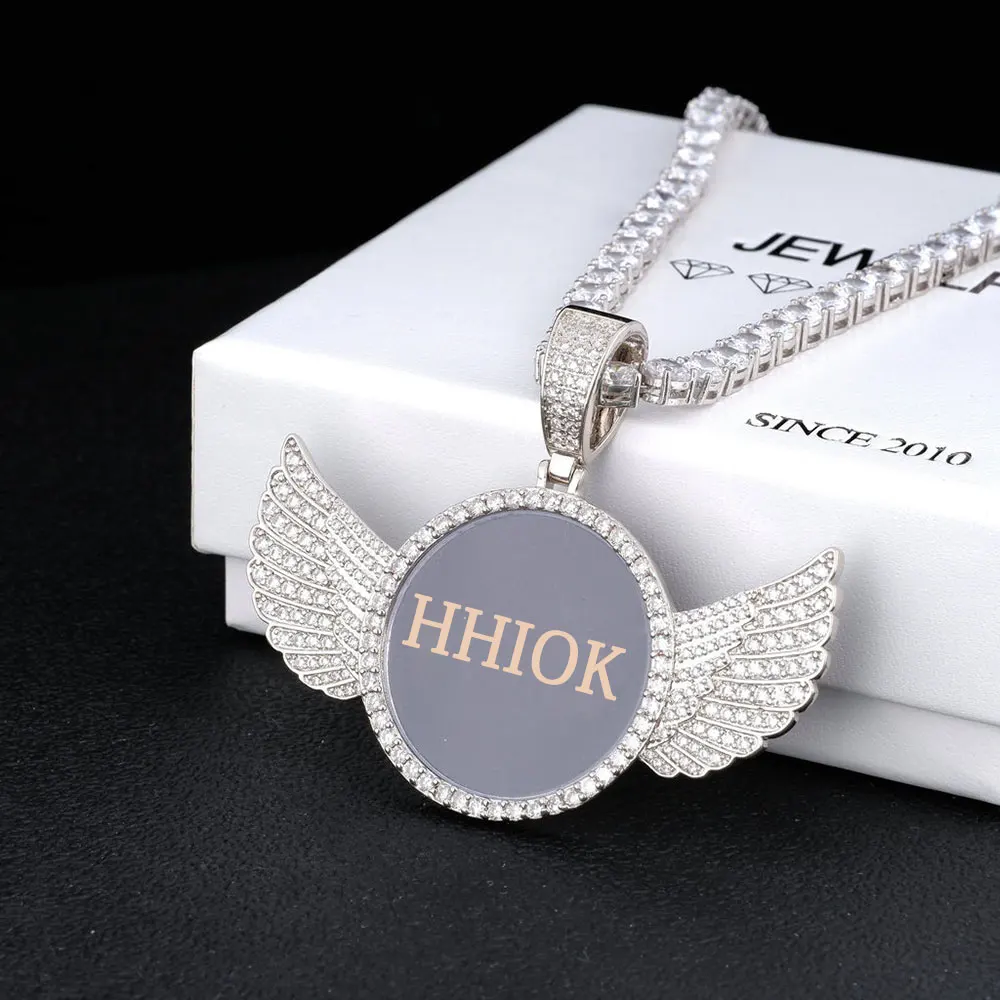 Custom Angel Wing Round Memory Photo Necklace Men Women Personalized Jewelry Customized Picture Pendant Charm with Tennis Chain