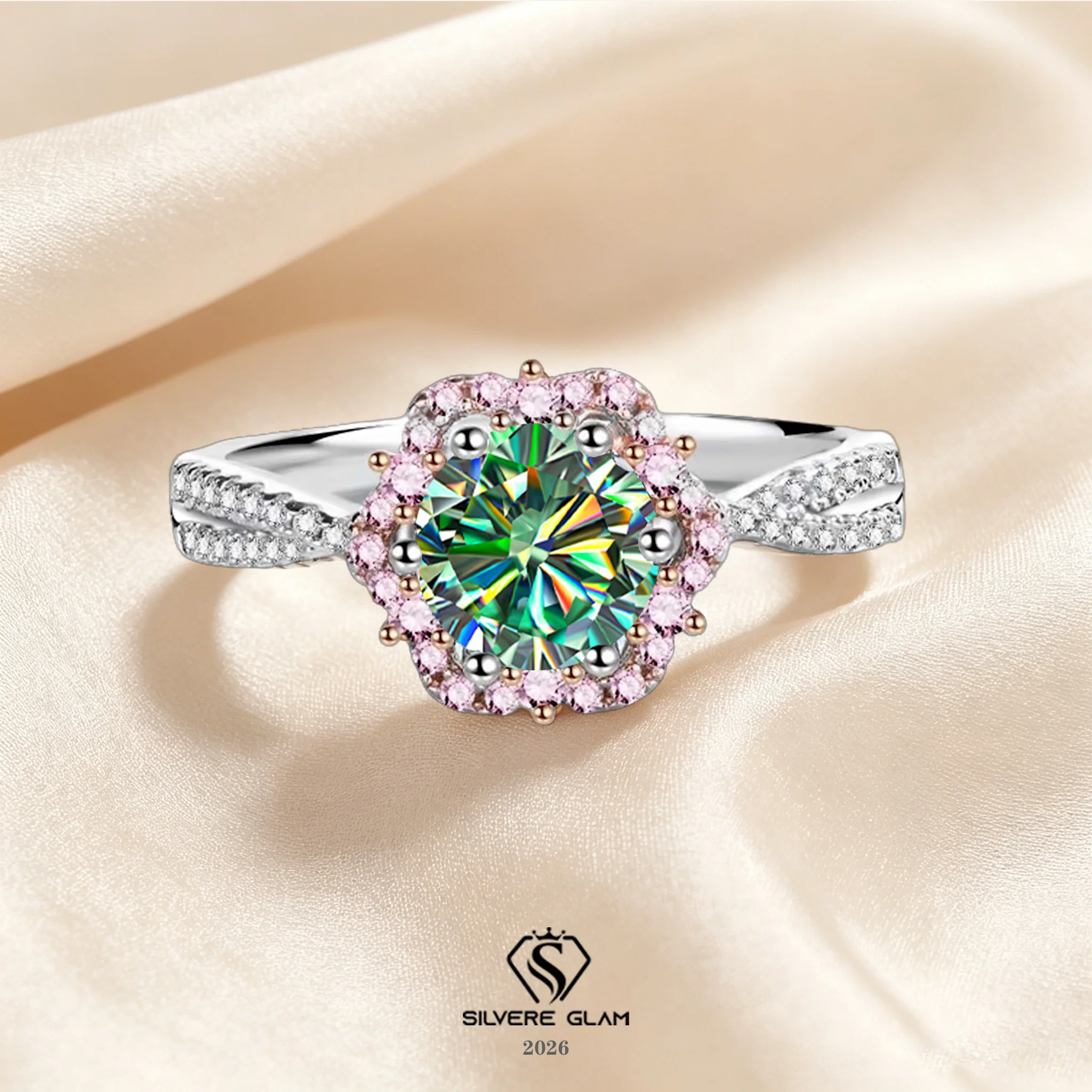 TY S925 Sterling Silver Moissanite Rings For Women Luxury Pink Halo Moissanite Jewelry Shiny Diamond Wedding Band Rings