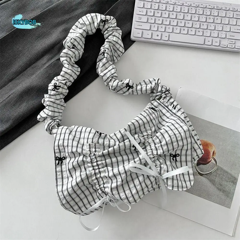 

Embroidery Sweet Pleated Shoulder Bag Stripe Nylon Bow Tote Bag Pastoral Style Bowknot Fresh Lace Handbag Students