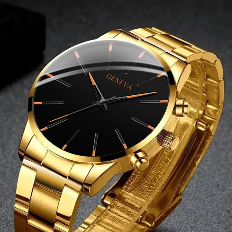Men Geneva Quartz Watch Black Dial Blue Markers Stainless Steel Band Business Casual Wristwatch, Boxes Not Included