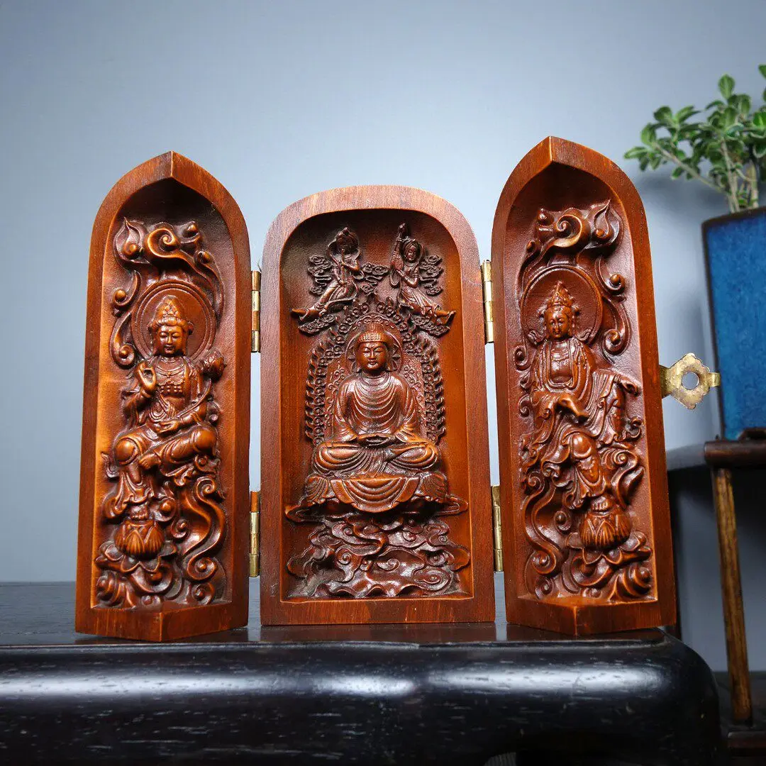 Hand Carved Boxwood Three Section Box with Fu Lu Shou Motifs Traditional Decorative Collectible for Study and Cabinet Display