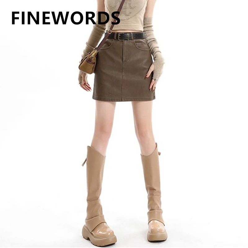 FINEWORDS Korean Casual High Waist PU Skirt Women A Line Vintage Skirt With Inner Lining Streetwear Harajuku Sexy Mini Skirt
