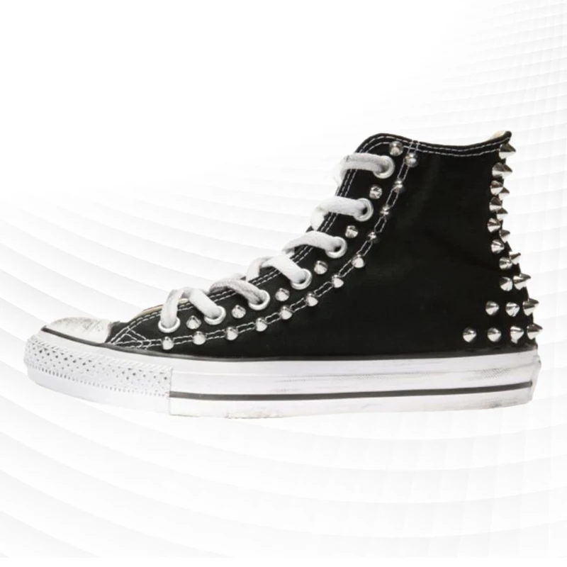 Original black rivet hip hop punk shoes handmade custom made old large size men\'s and women\'s high top canvas sneakers 35-46