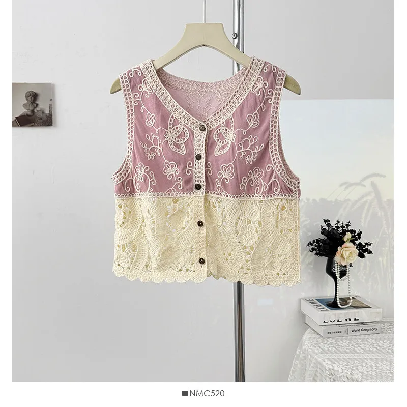 Women's Embroidered Vest Lace Patchwork Button Down Waistcoat Floral Open-work Knit Sleeveless Crop Top Boho Cottagecore