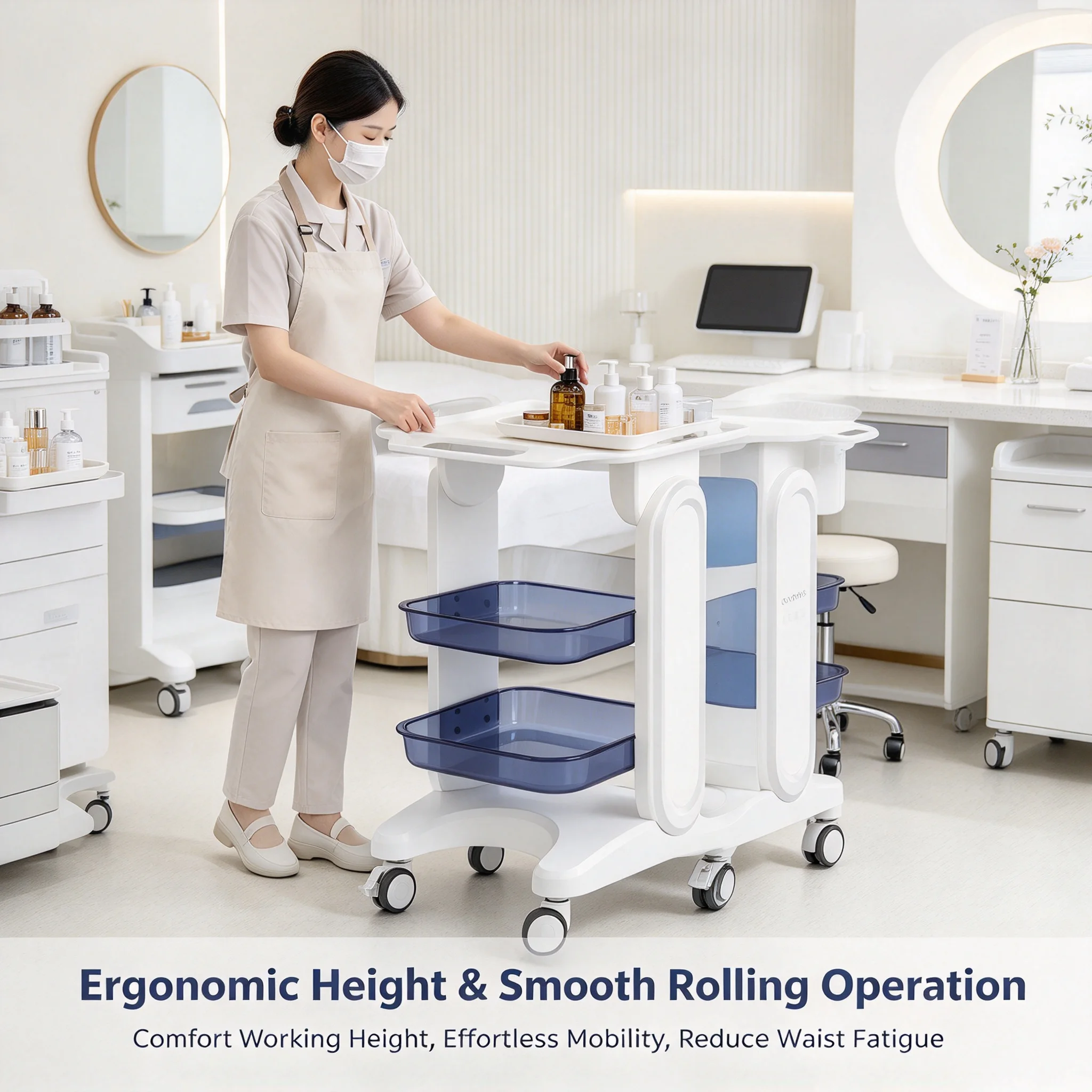 Medical Cart Beauty Salon Storage Cart 3-Tier Rolling Trolley with Wheels & Brakes, PC Organizer for Beauty Tools, 132.28lbs Load, White Blue