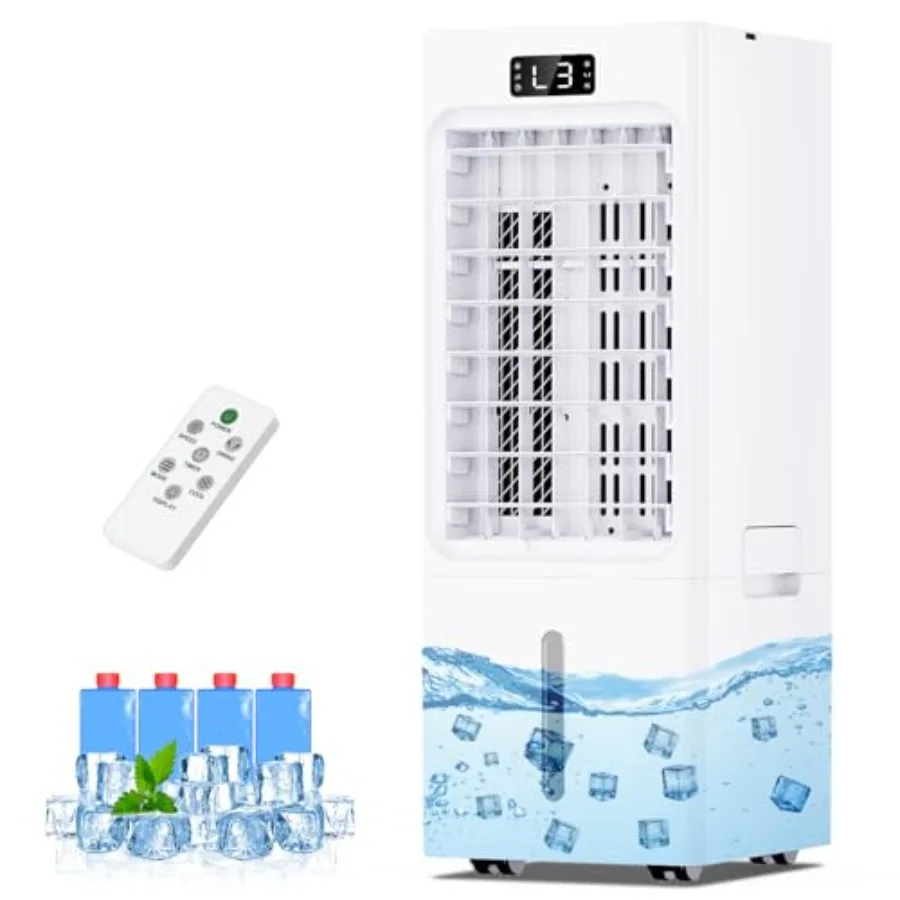 Swamp Cooler for indoor use, plastic body, white color, 6L tank capacity with 4 ice packs and 12H timer