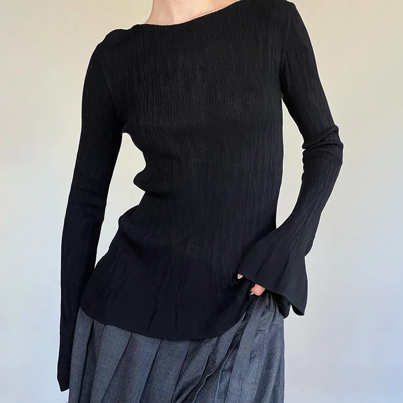 Women's Pleated Flared Sleeve T-shirt Spring Autumn Solid Color Simple Slim Tops American Fashion Texture Female Tees