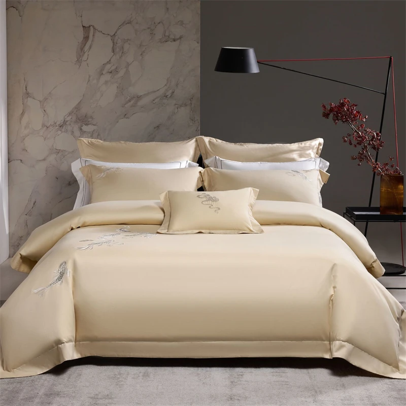 New Chinese Style Koi Embroidery 1000TC Lyocell Cotton Brushed Bedding Set Duvet Cover Flat/Fitted Bed Sheet Pillowcases 4Pcs