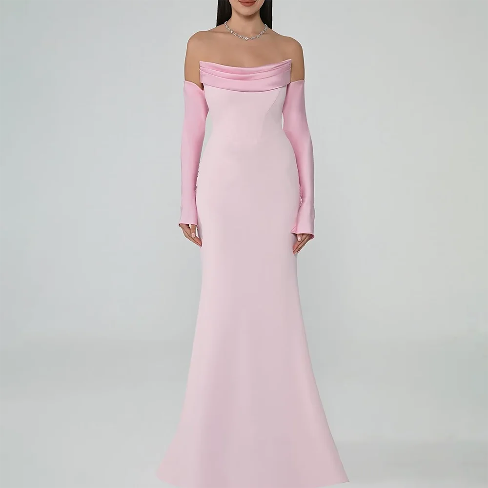 

Elegant Pink Evening Dress Customized Women Mermaid Party Dress Off Shoulder Jersey 3/4 Sleeves Strapless Floor Length Prom Gown