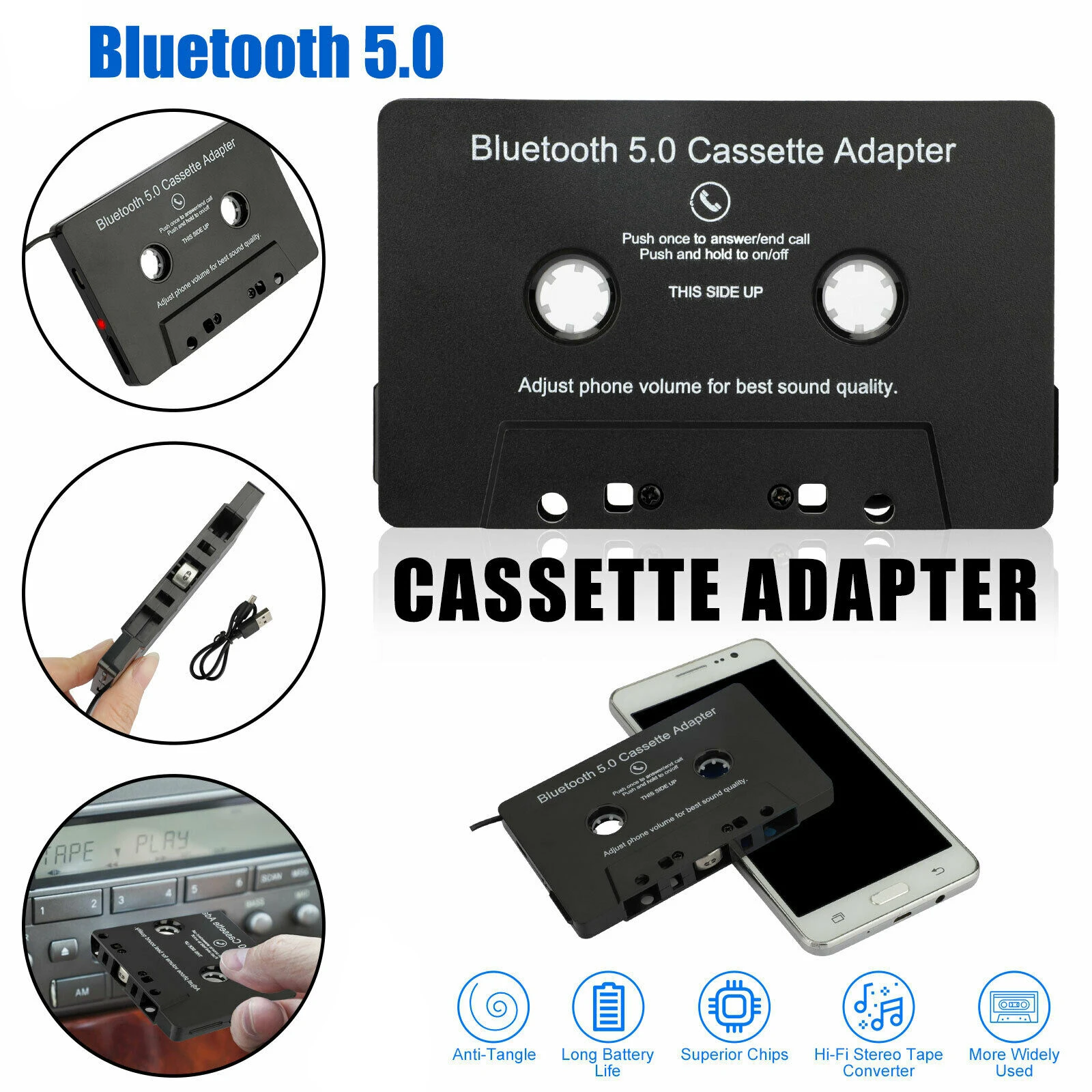 Car Audio Bluetooth Cassette Adapter Audio Convert MP3 Player Adapter USB Rechargeable Cassette to AUX Adapter Plug and Play