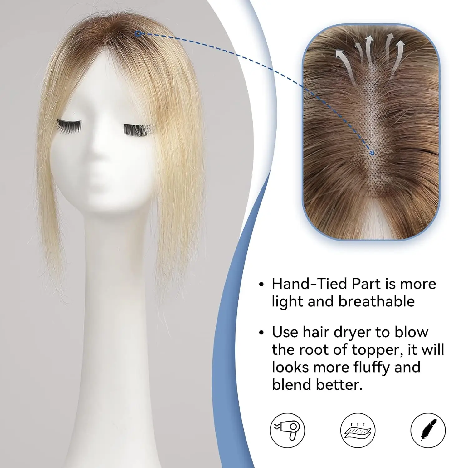 Toppers de cheveux humains blonds pour femmes, 100% Remy Topper, extensions de cheveux à clipser, base en dentelle, sans frange, morceaux de cheveux à racine foncée, 12 po, 14 po