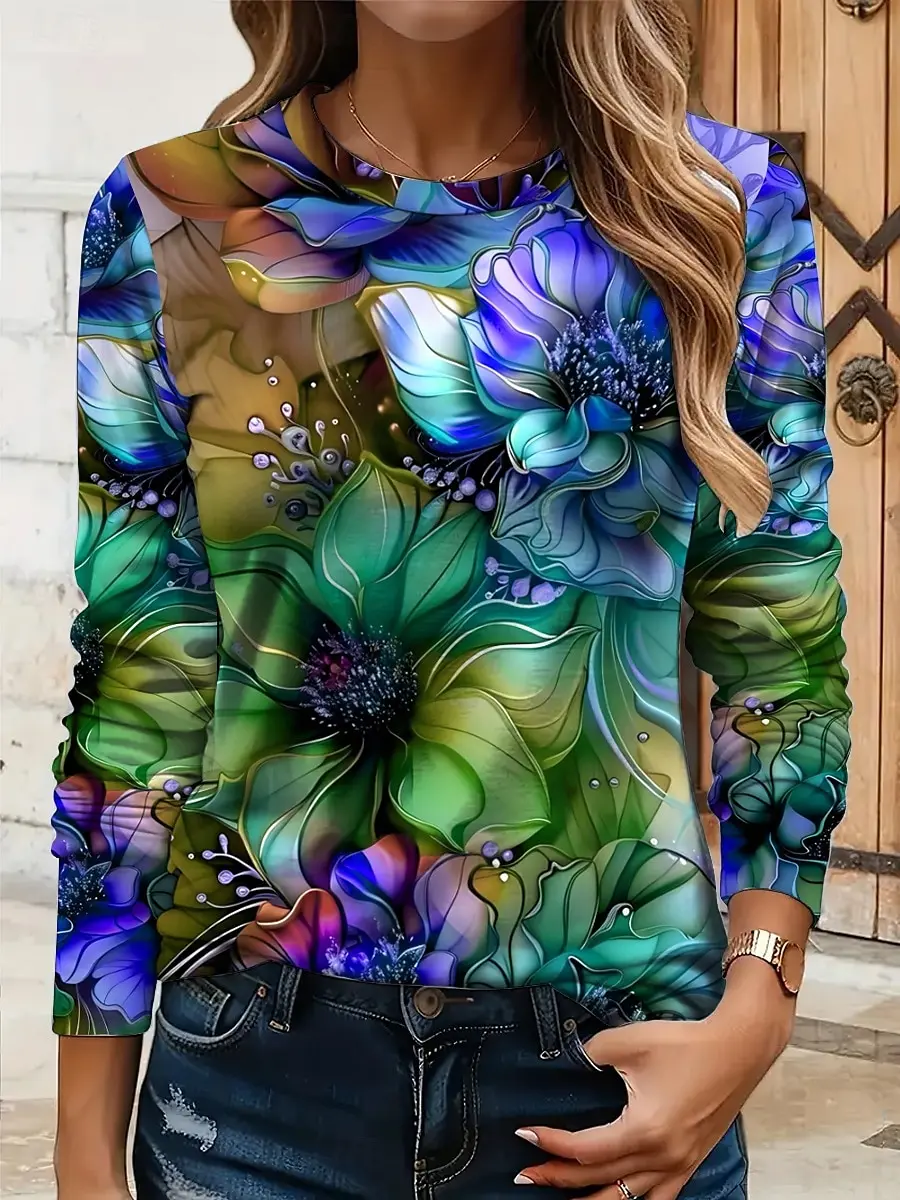 Women's 3D floral print T-shirt fashionable long-sleeved round neck regular tops holiday weekend spring and autumn
