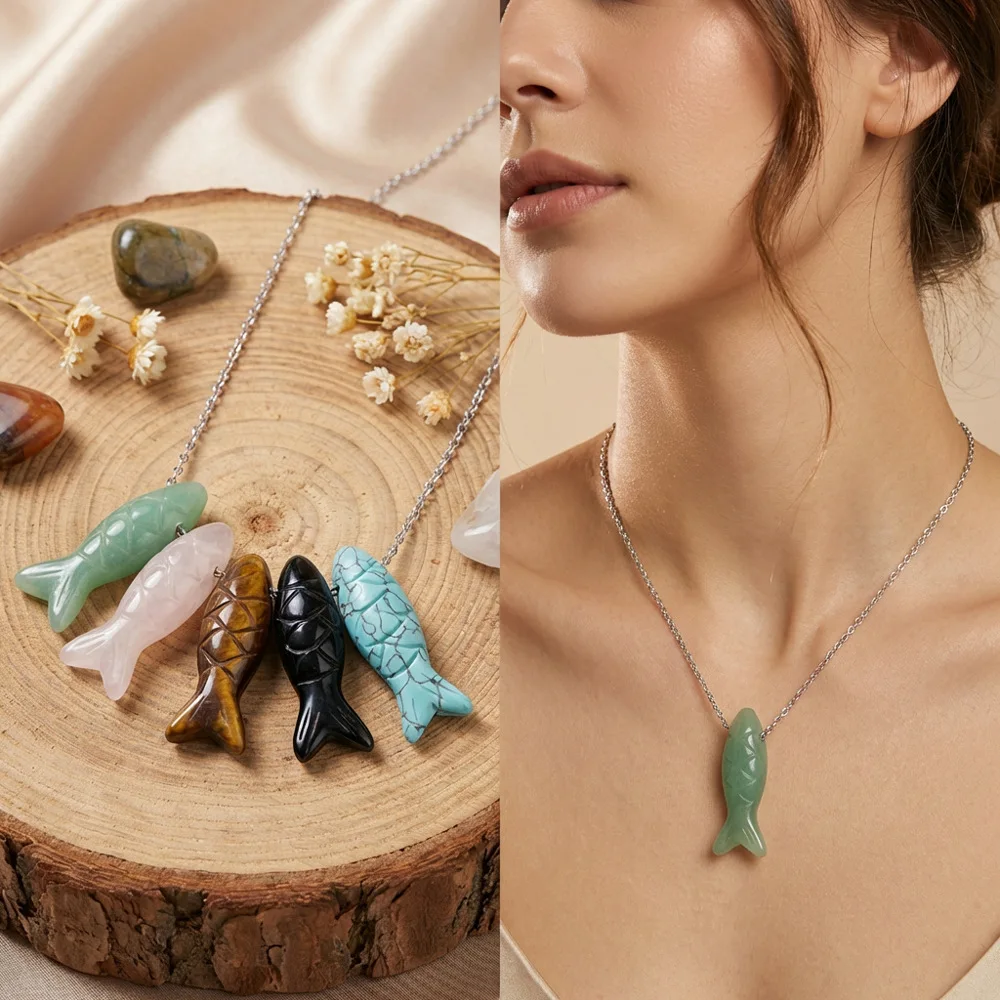 

Hand Carved 3D Fish Natural Stone Beads, Mixed Gemstone Fish Charms for DIY Jewelry Making Necklace Bracelet