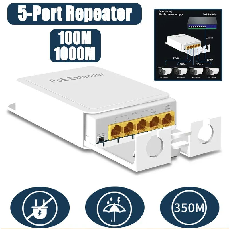 5-Port POE Extender 4-Port Repeater Outdoor Waterproof 100/1000Mbps Network Switch IP55 VLAN 44-57V for IP Camera Wireless AP