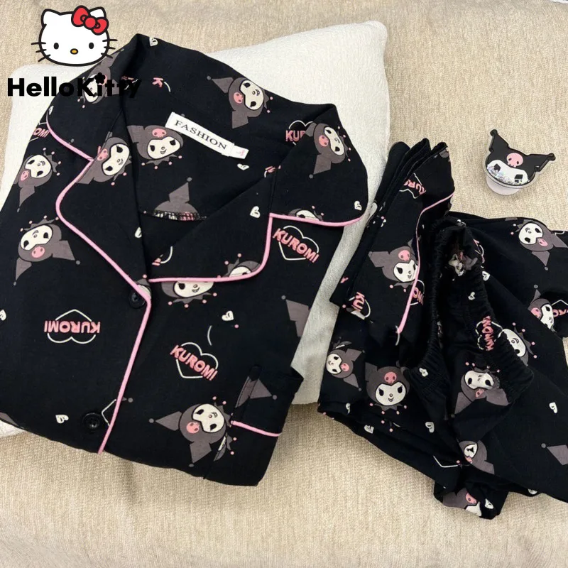 Sanrio Kuromi Women\'s Pajamas Cartoon Cute 2023 New Ins Spring Long-sleeved Students Adult Cardigan Sleepwear  Pajamas Set