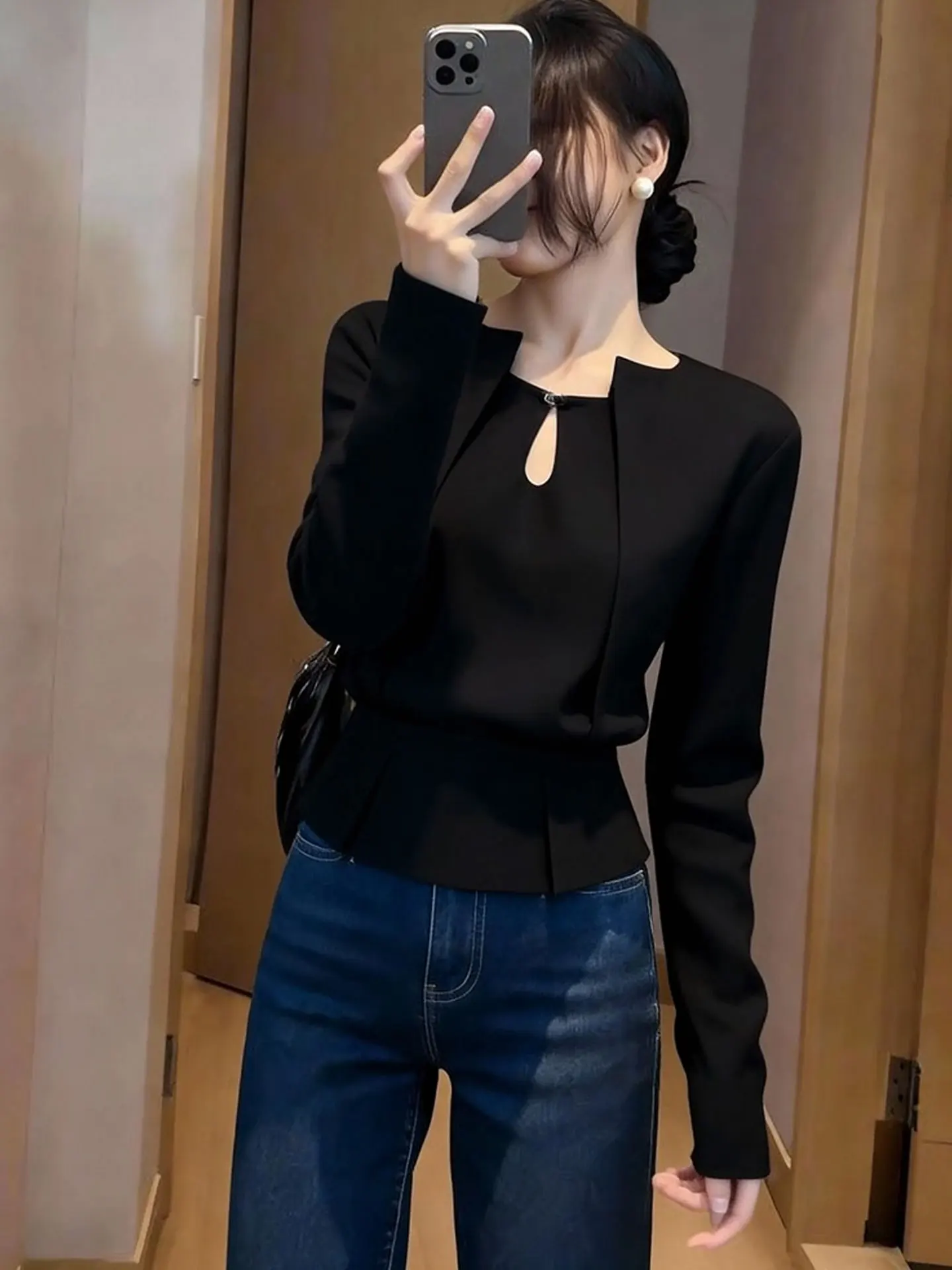 

Женская шелковая блузка Ele Bla Long Sleeve с приталенным силуэтом и эффектом утяжки талии, в корейском стиле, прямого кроя, весенняя мода