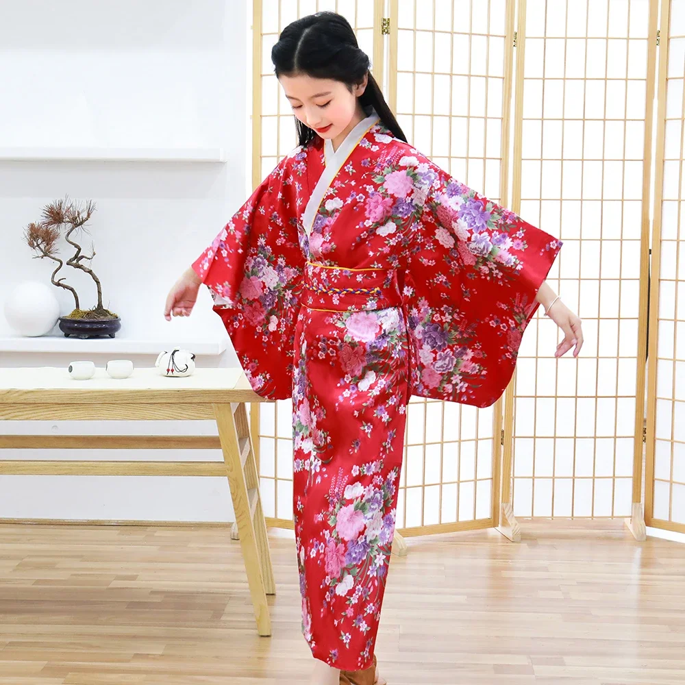 Children Girls Red Japanese Kimono Bathrobe Gown Print Flower Performance Clothing Yukata With Obitage Soft Cosplay Costume