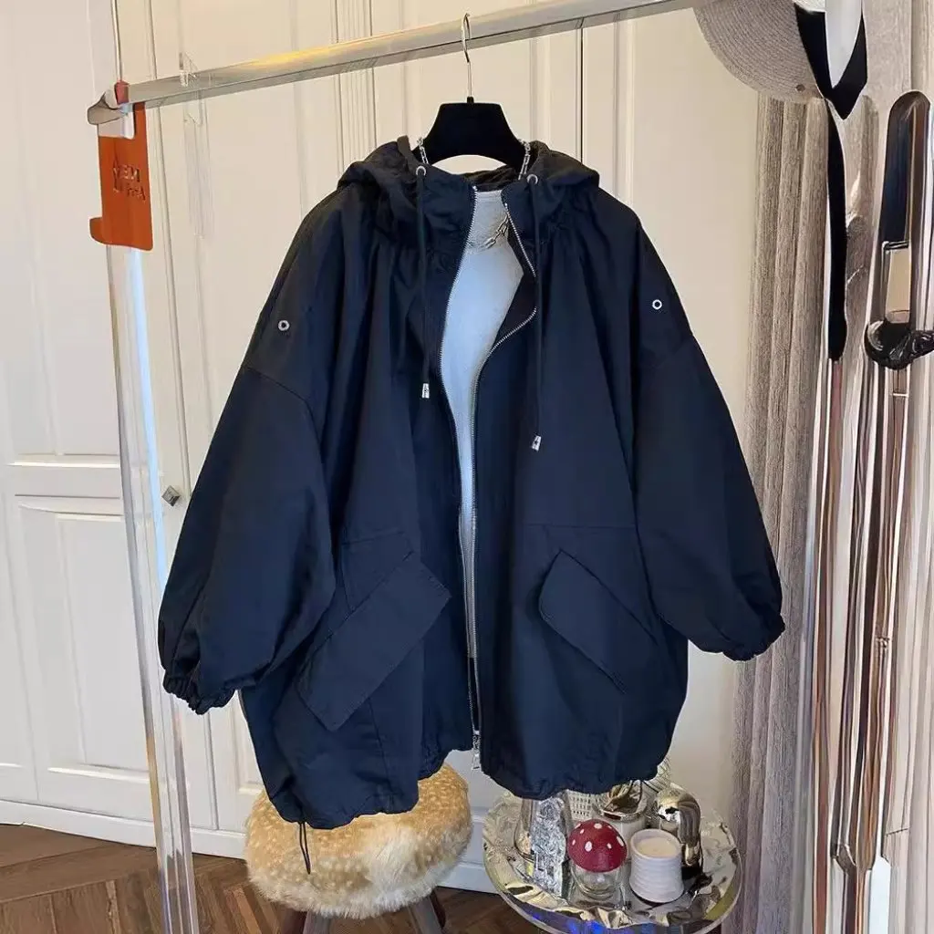 

plus Size Women's Korean-Style Hooded Cape Windbreaker Loose Casual Vintage Jacket Chubby Girl Age-Reducing Fashion Coat